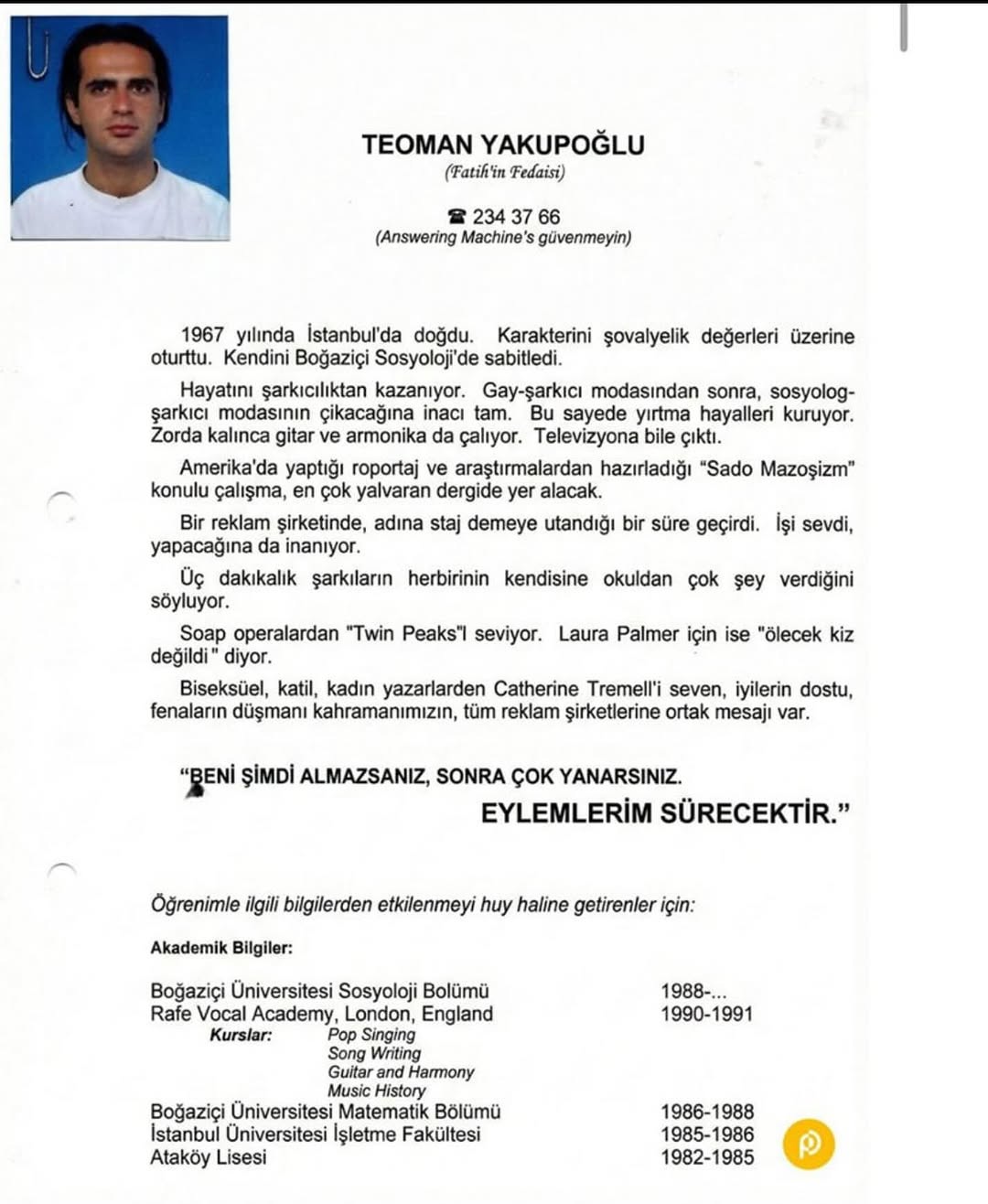 Teoman'ın Unlü Olmadan Önceki Reklam Ajansı CV'si